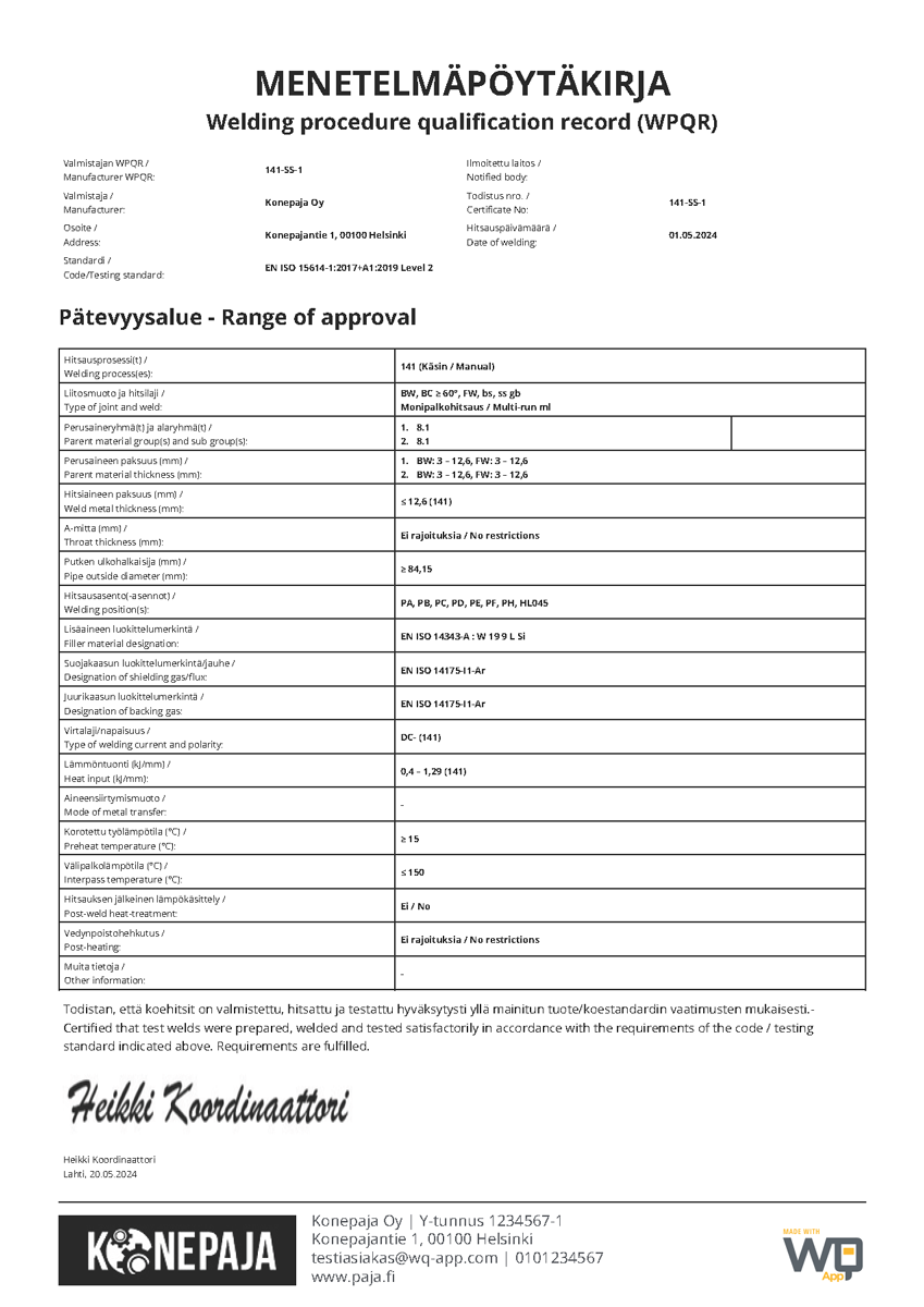hitsauksen laadunhallinta - menetelmäpöytäkirja WPQR