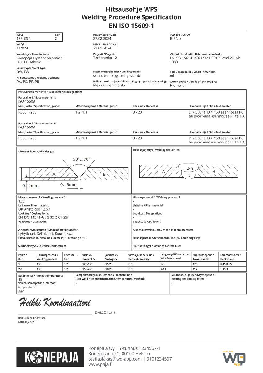 hitsauksen laadunhallinta WPS 15609-1